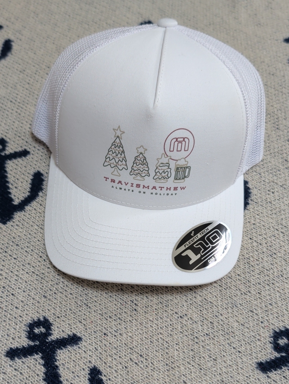 Travis Mathew White Holiday Mesh Back Cap with Festive Trees